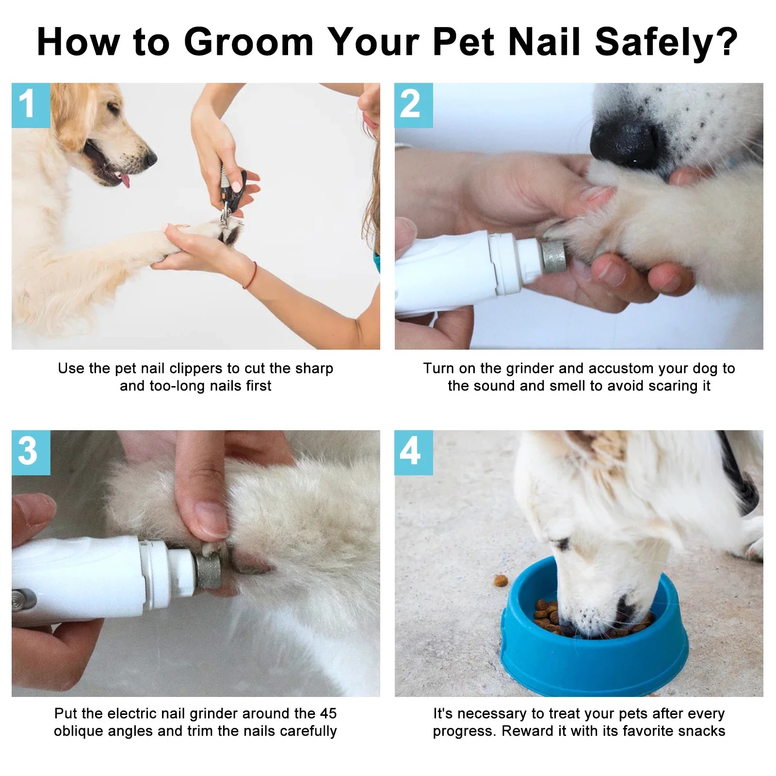 USB Rechargeable Electric Pet Nail Grinder - Quiet Dog & Cat Nail Trimmer, 2-Speed 3-Port Diamond Bit